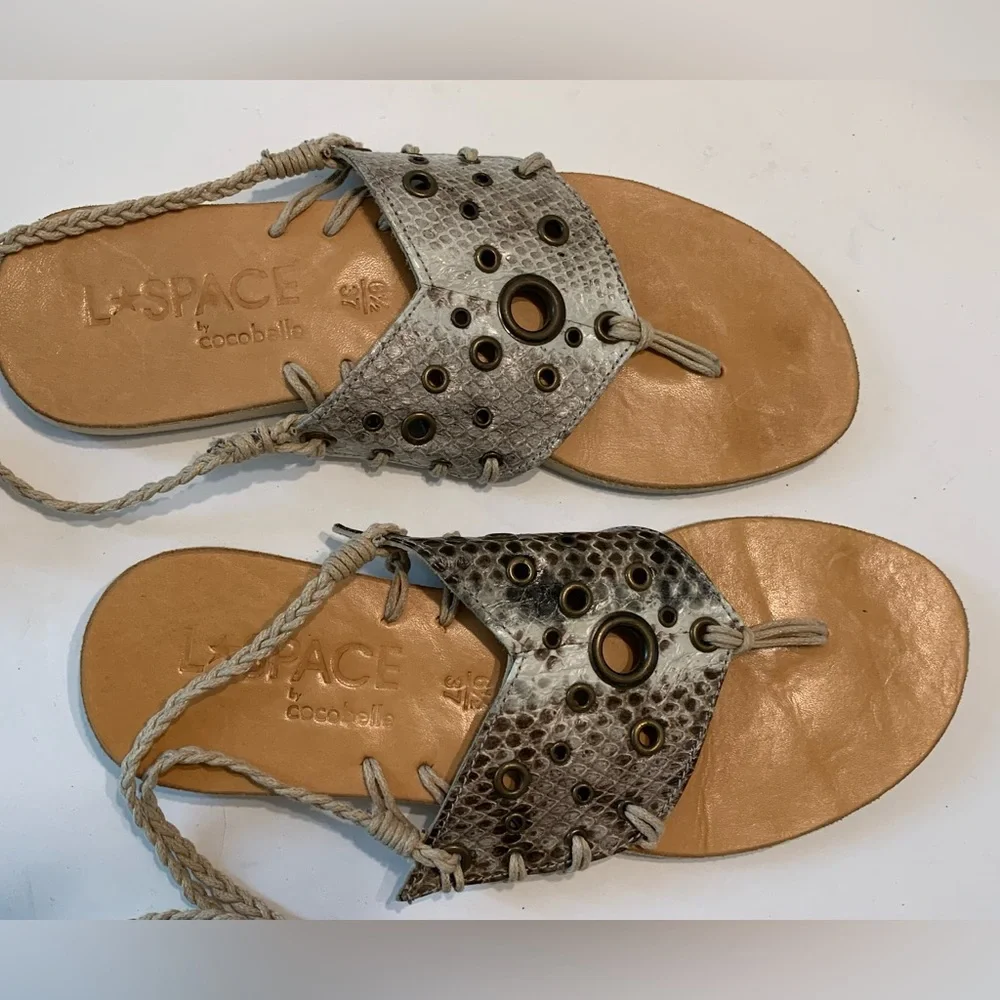 L*Space Silver Faux Snakeskin Tie-Up Braided Ankle Sandals Size 37 / 6.5